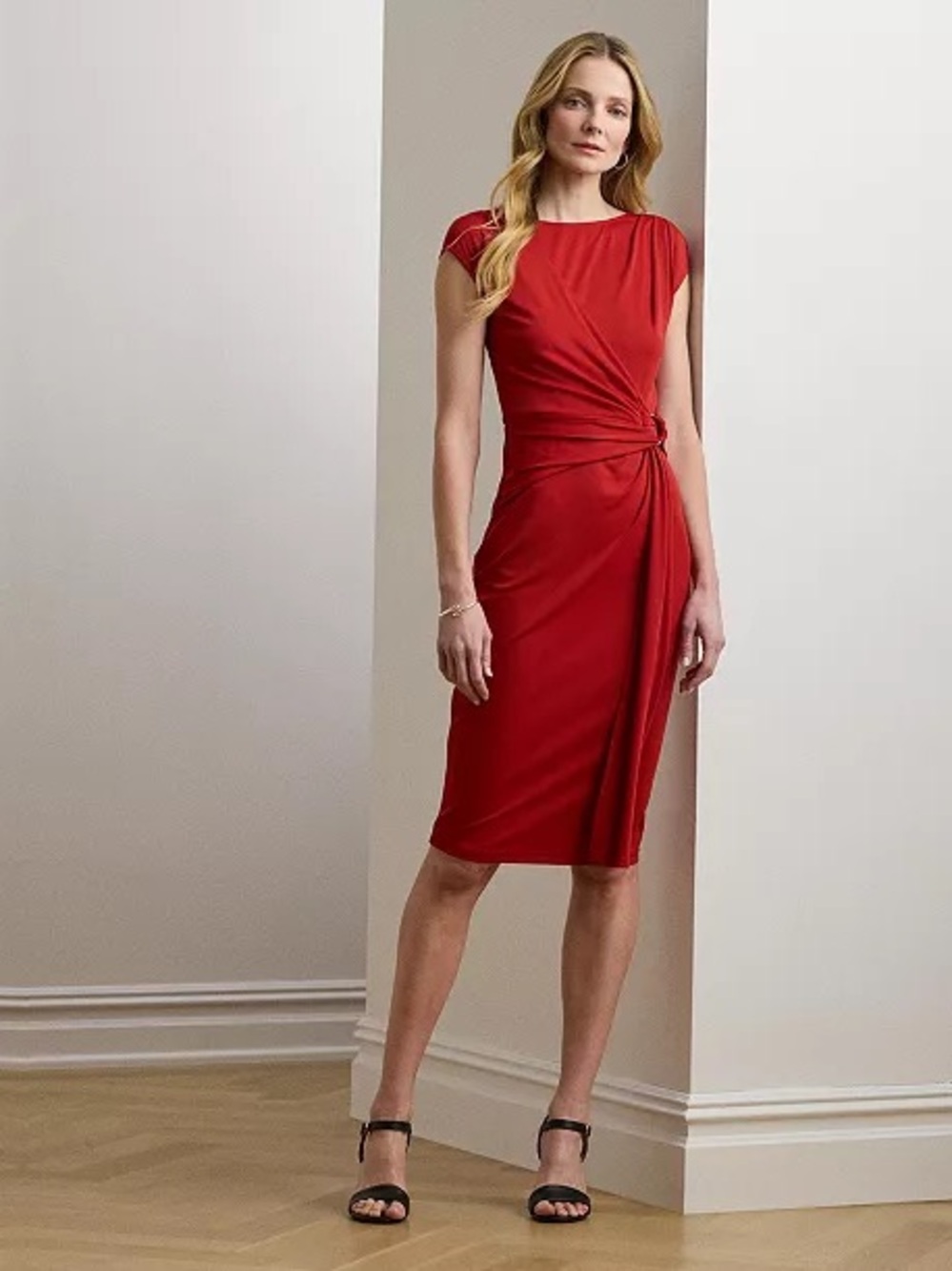 Ralph Lauren Red Twist-Knot Midi Dress